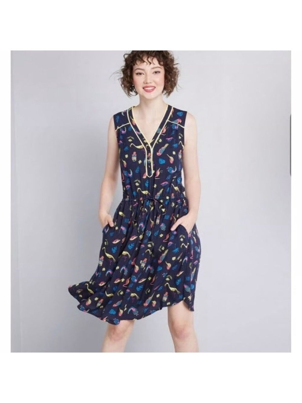 ModCloth Dress Novelty Navy Blue Cafe Au Soleil Tropical Birds Sleeveless Medium - Picture 2 of 14